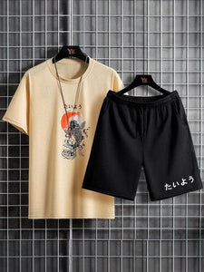 Mens Printed T-Shirt and Shorts Co Ord - LTMWCO21 - Cream Black