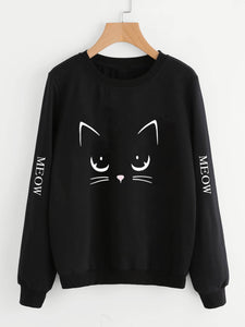 Fifth Avenue Angry Cat Meow Sleeves Printed Sweatshirt - Black