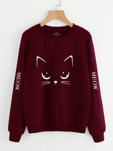 Fifth Avenue Angry Cat Meow Sleeves Printed Sweatshirt - Maroon