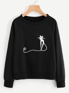 Fifth Avenue Elegant Cat Printed Sweatshirt - Black