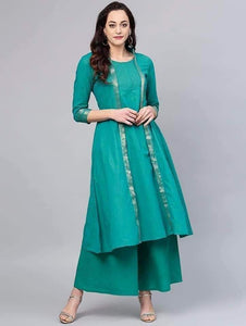 Fifth Avenue Women's TPS126 Cotton Lace Detail Kurti and Palazzo Set - Green