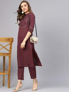 Fifth Avenue Women's TPS169 Stitch and Lace Detail Kurti and Pants Set - Maroon