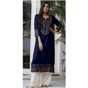 Fifth Avenue Women's TPS270 Lace Striped Kurti and Pants Set - Navy Blue and White