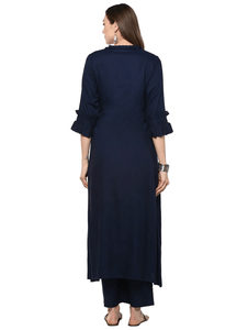 Fifth Avenue Women's TPS310 Ruffle Detail Kurta and Pants Set - Navy Blue