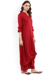 Fifth Avenue Women's TPS310 Ruffle Detail Kurta and Pants Set - Red