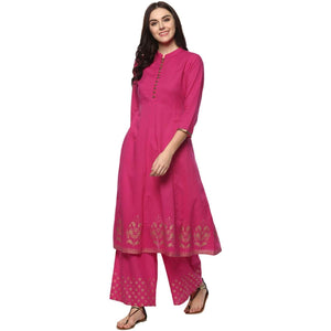 Fifth Avenue Women's TPS330 Print Border Kurti and Pants Set - Pink