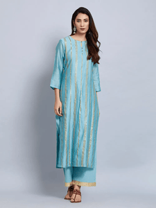 Fifth Avenue Women's TPS425 Blended Silk Lace Detail Kurti and Pants Set - Light Blue