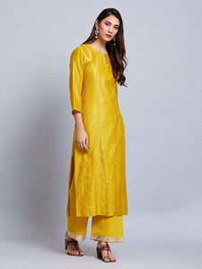 Fifth Avenue Women's TPS425 Blended Silk Lace Detail Kurti and Pants Set - Yellow