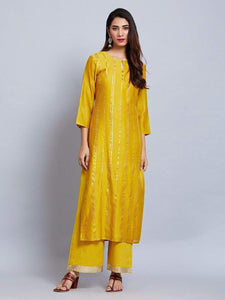 Fifth Avenue Women's TPS425 Blended Silk Lace Detail Kurti and Pants Set - Yellow