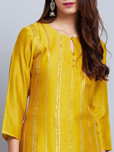 Fifth Avenue Women's TPS425 Blended Silk Lace Detail Kurti and Pants Set - Yellow