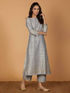 Fifth Avenue Women's TPS427 Blended Silk Lace Detail Kurti and Pants Set - Grey