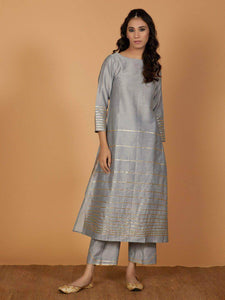 Fifth Avenue Women's TPS427 Blended Silk Lace Detail Kurti and Pants Set - Grey