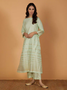 Fifth Avenue Women's TPS427 Blended Silk Lace Detail Kurti and Pants Set - Light Green