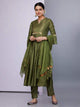 Fifth Avenue Women's TPS428 Blended Silk Box Pleated Lace Detail Kurti and Pants Set - Olive Green