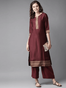 Fifth Avenue Women's TPS430 Print Border Detail Kurti and Pants Set - Maroon