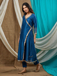 fifth Avenue Women's TPS440 Blended Silk Angrakha Kurti and Pants Set - Blue