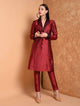 Fifth Avenue Women's TPS511 Blended Silk Button Up Kurti and Pants Set - Maroon