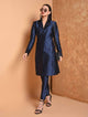 Fifth Avenue Women's TPS511 Blended Silk Button Up Kurti and Pants Set - Navy Blue