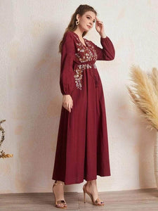 Lemon Embroidered Detail Long Maxi Dress LTAMD467 - Maroon