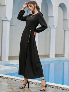 Lemon Tart Button Detail Long Maxi Dress LTAMD367 - Black