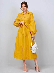 Lemon Tart Button Front Tie Detail Long Maxi Dress LTAMD434