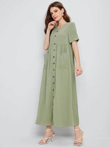 Lemon Tart Button Pocket Detail Long Maxi Dress LTAMD319 - Green