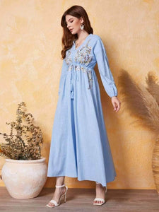 Lemon Tart Embroidered Detail Long Maxi Dress LTAMD467 - Blue
