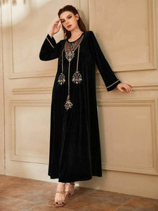 Lemon Tart Embroidered Detail Velvet Long Maxi Dress LTAMD536 - Black