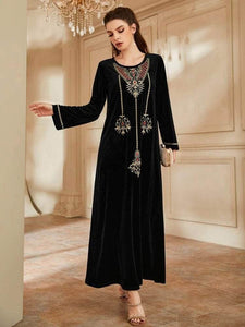 Lemon Tart Embroidered Detail Velvet Long Maxi Dress LTAMD536 - Black