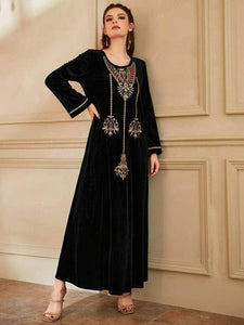 Lemon Tart Embroidered Detail Velvet Long Maxi Dress LTAMD536 - Black