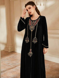 Lemon Tart Embroidered Detail Velvet Long Maxi Dress LTAMD536 - Black