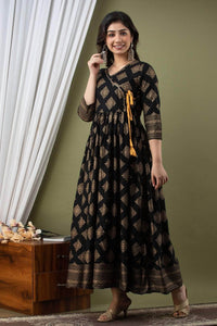 Lemon Tart Gold Foil Print Detail Long Dress LTAMD610 - Black