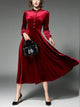 Lemon Tart Peplum Detail Velvet Button Neck Long Maxi Dress LTAMD177 - Red