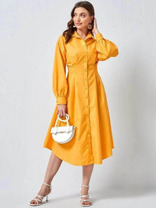 Lemon Tart Pleat Button Detail Long Dress LTAMD393 - Yellow