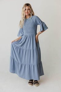Lemon Tart Pocket Shirred Detail Long Maxi Dress LTAMD455 - Blue