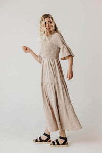 Lemon Tart Pocket Shirred Detail Long Maxi Dress LTAMD455 - Cream