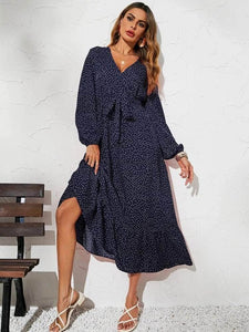 Lemon Tart Polka Dot Print Detail Long Maxi Dress LTAMD604 - Navy Blue