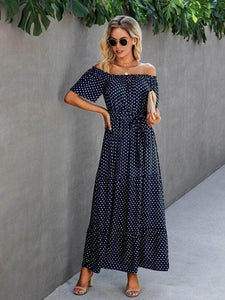 Lemon Tart Printed Detail Off Shoulder Long Maxi Dress LTAMD586 - Navy Blue