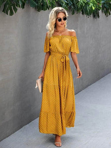 Lemon Tart Printed Detail Off Shoulder Long Maxi Dress LTAMD586 - Yellow