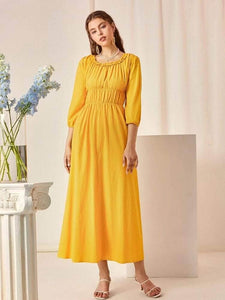 Lemon Tart Shirred Detail Long Maxi Dress LTAMD318