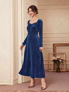 Lemon Tart Shirred Neck Detail Velvet Long Dress LTAMD222 - Blue