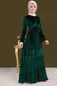 Lemon Tart Tie Waist Tiered Detail Velvet Long Maxi Dress LTAMD189 - Green