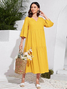 Lemon Tart Tiered Detail Long Maxi Dress LTAMD310 - Yellow