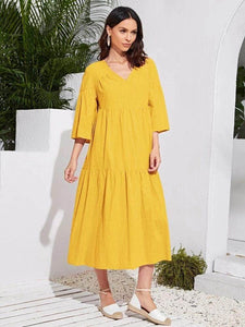 Lemon Tart Tiered Detail Long Maxi Dress LTAMD310 - Yellow