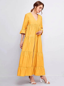 Lemon Tart Tiered Detail Long Maxi Dress LTAMD391 - Yellow