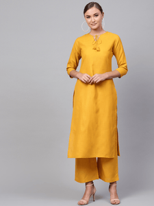 Lemon Tart Women's LTS1 Tassel Neck Kurti and Pants Set - Yellow