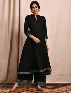 Lemon Tart Women's LTS102 Lace Detail Khaddar Kurta and Pants Set - Black