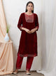 Lemon Tart Women's LTS107 Lace Detail Velvet Kurta and Khaddar Pants Set - Maroon