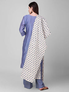 Lemon Tart Women's LTS108 Neck Stitch Detail Blended Silk Kurta and Pants Set - Blue