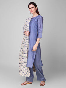 Lemon Tart Women's LTS108 Neck Stitch Detail Blended Silk Kurta and Pants Set - Blue